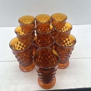 VINTAGE AMBER WHITEHALL CUBIST FOOTED TUMBLER INDIANA GLASS SET OF 10